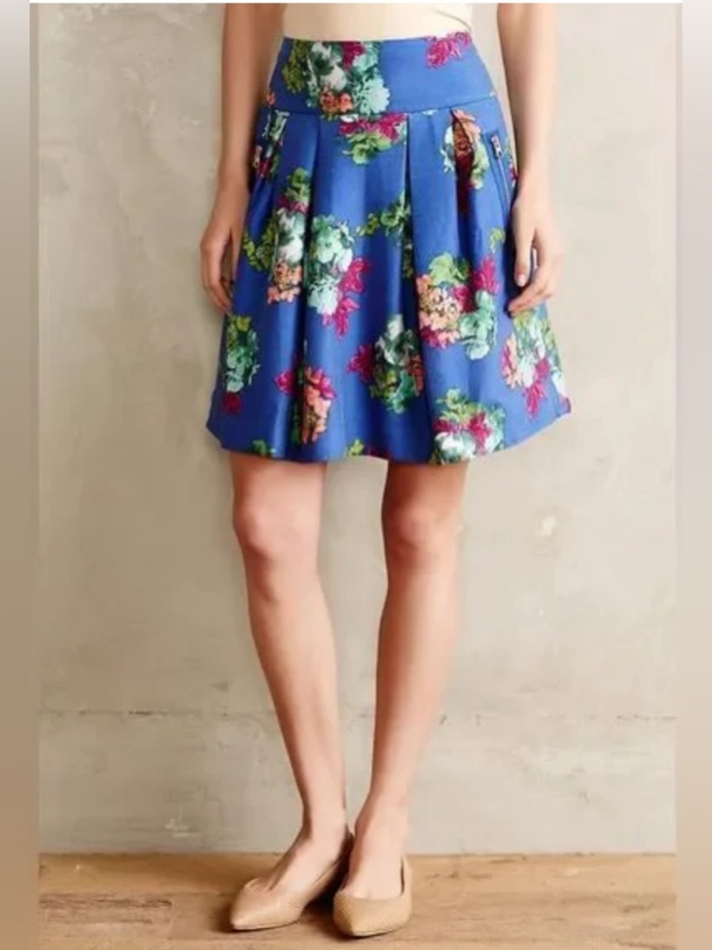 Anthropologie Maeve Blue Floral A-Line Circle Skirt with Zipper Pockets size 2